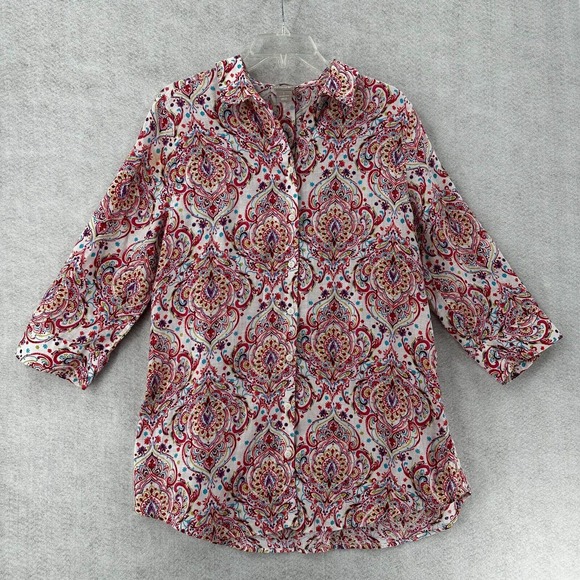 Chicos 100% Linen Top Womens MEDIUM (8/10) Button‎ Pink Blouse Paisley Shirt - Picture 1 of 15